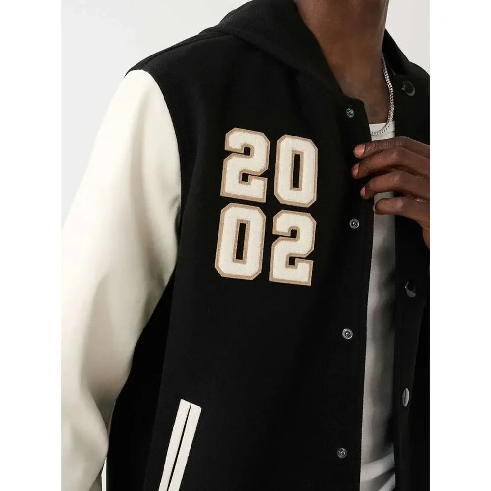 True Religion Men's Varsity Jacket -Black/White/Tan Snap Hooded Logo NWT XL
